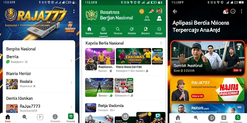 Tampilan utama aplikasi RAJA777 yang menampilkan berita nasional terbaru.